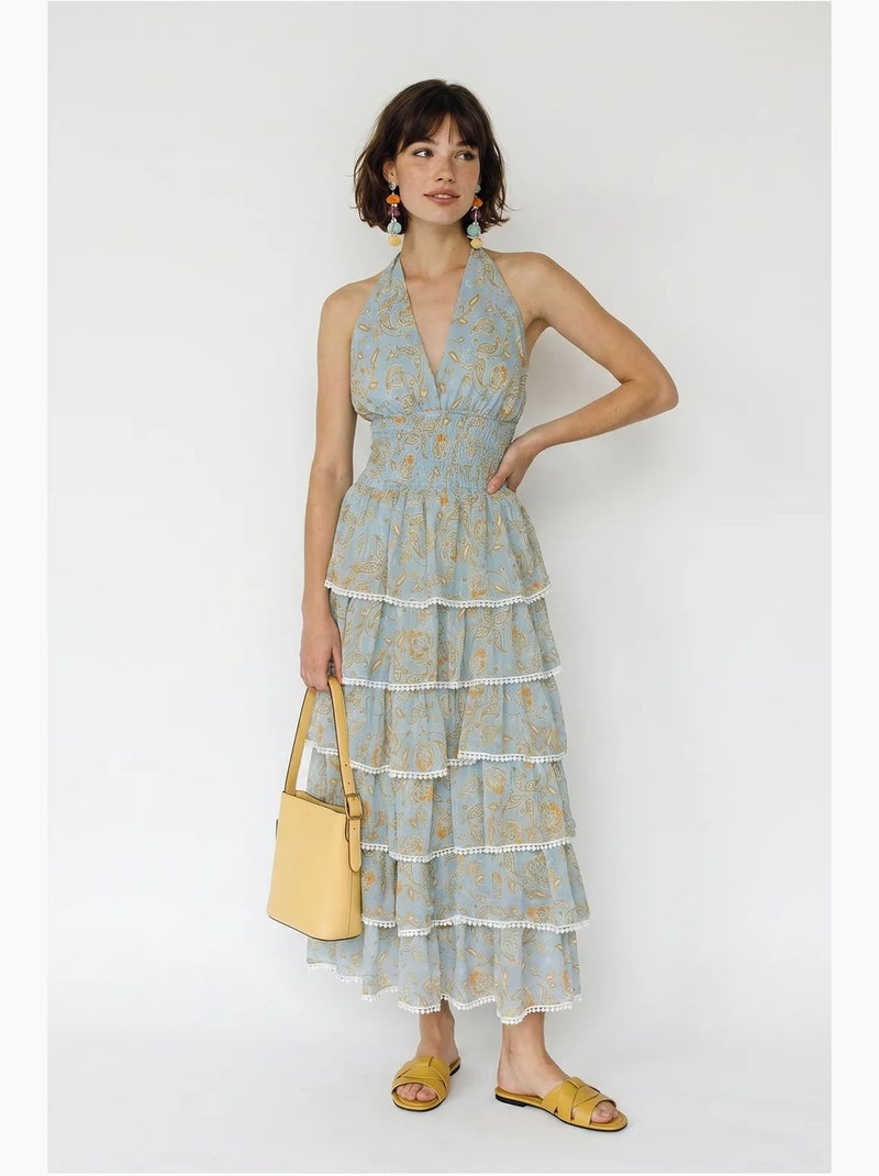 Vestido maxi halter com padrão paisley lucci Azul-pastel - Kiabi