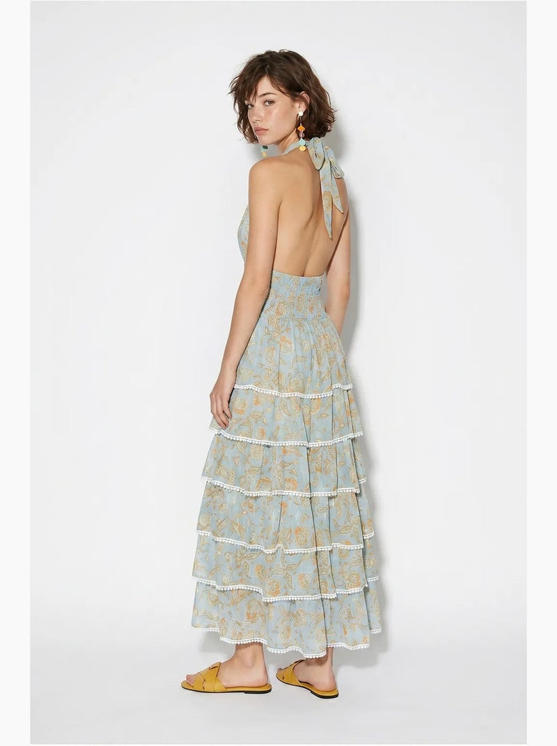 Vestido maxi halter com padrão paisley lucci Azul-pastel - Kiabi