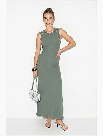 Vestido maxi justo canelado sem mangas lucci