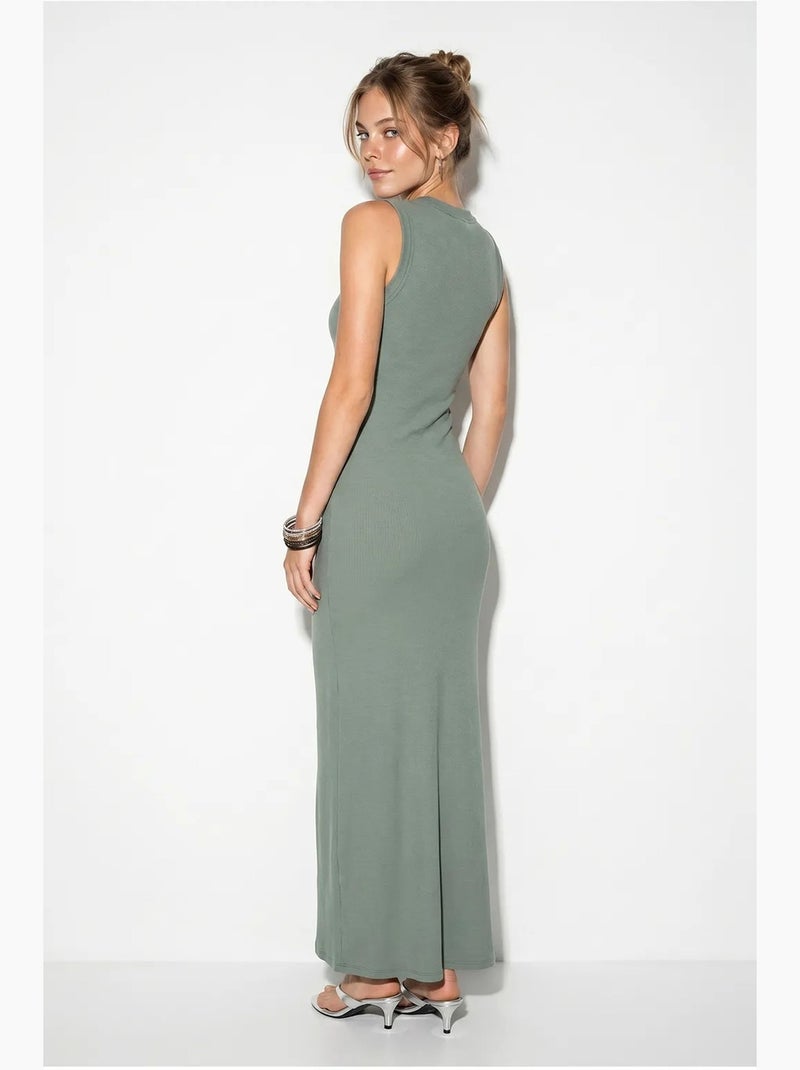 Vestido maxi justo canelado sem mangas lucci Cáqui - Kiabi