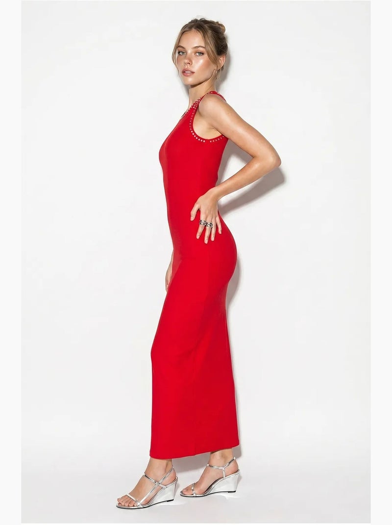 Vestido maxi justo canelado sem mangas lucci Vermelho - Kiabi