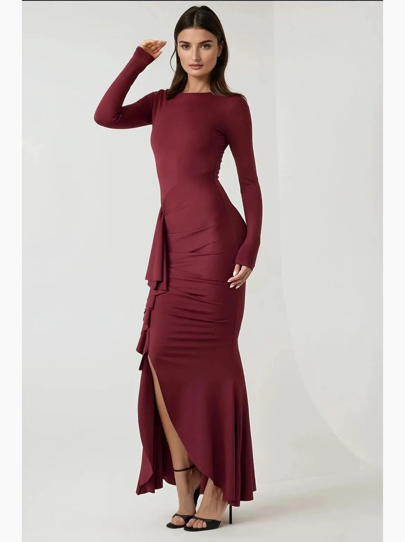 Vestido maxi justo com decote redondo e detalhe de folho hiccup Vermelho bordô - Kiabi