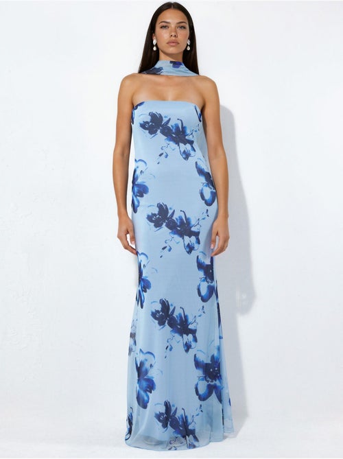 Vestido maxi justo com flores sem alças - Kiabi