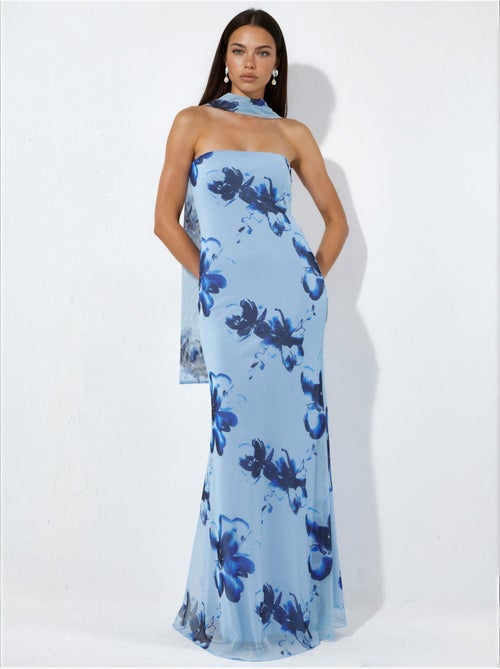 Vestido maxi justo com flores sem alças - Kiabi
