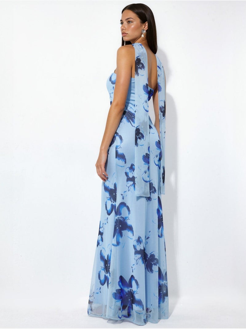 Vestido maxi justo com flores sem alças Azul-céu - Kiabi