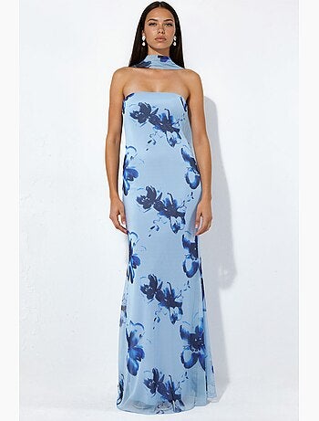 Vestido maxi justo com flores sem alças hiccup