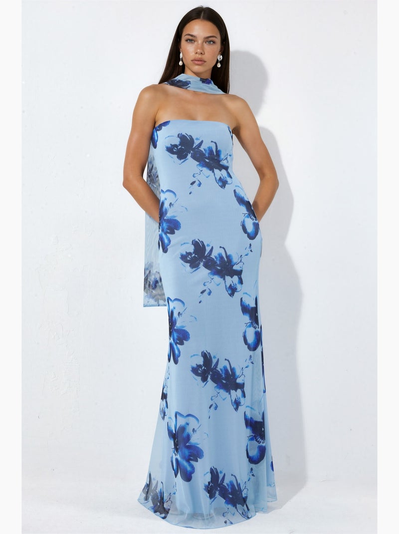 Vestido maxi justo com flores sem alças hiccup Azul-céu - Kiabi