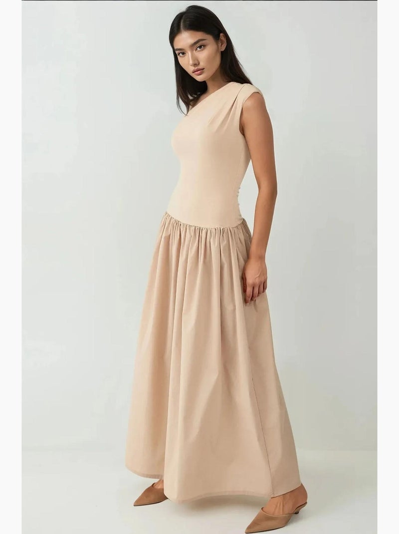 Vestido maxi justo com gola assimétrica hiccup Creme - Kiabi
