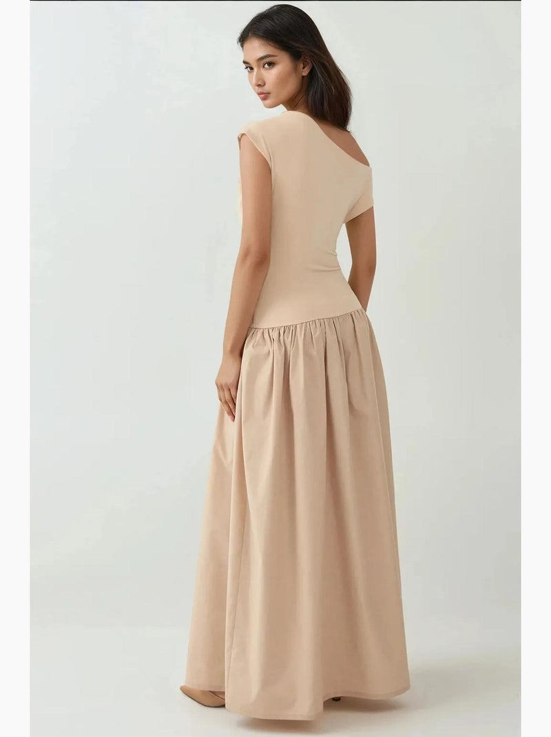 Vestido maxi justo com gola assimétrica hiccup Creme - Kiabi