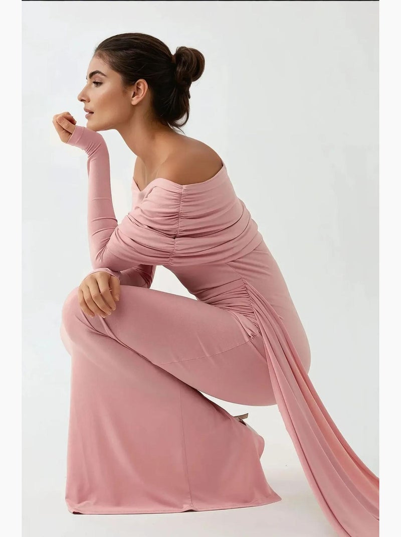 Vestido maxi justo com gola assimétrica hiccup Rosa-pálido - Kiabi
