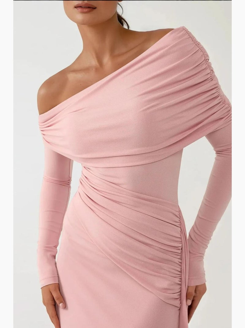 Vestido maxi justo com gola assimétrica hiccup Rosa-pálido - Kiabi