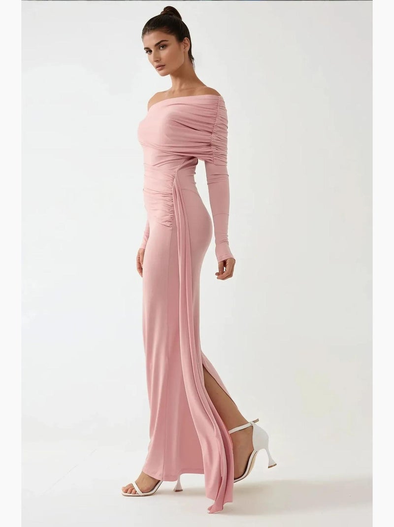 Vestido maxi justo com gola assimétrica hiccup Rosa-pálido - Kiabi