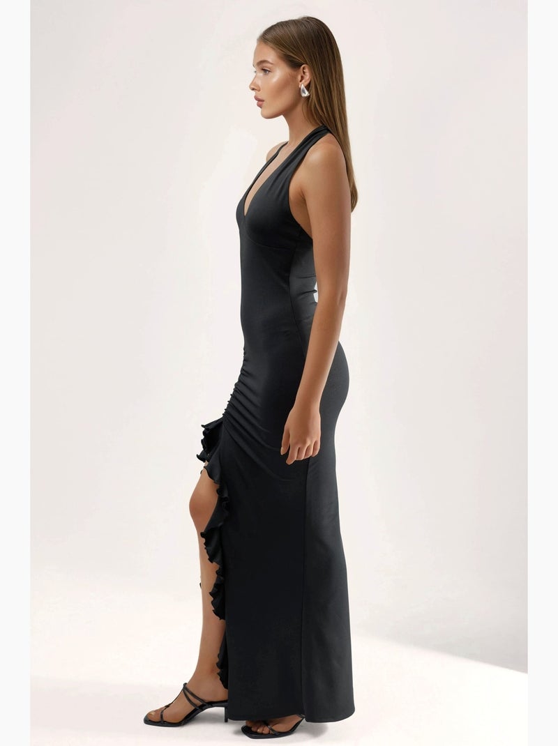 Vestido maxi justo com gola halter e detalhes de racha hiccup Preto - Kiabi