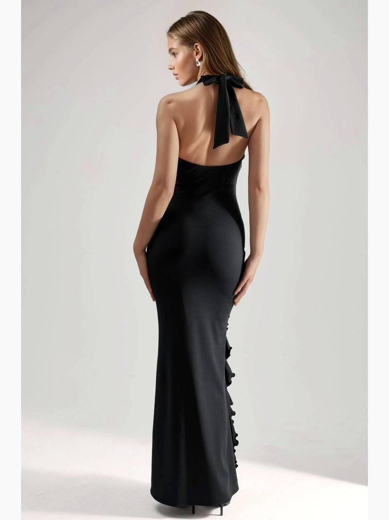 Vestido maxi justo com gola halter e detalhes de racha hiccup Preto - Kiabi
