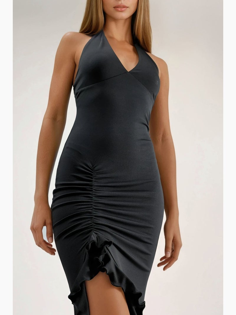 Vestido maxi justo com gola halter e detalhes de racha hiccup Preto - Kiabi