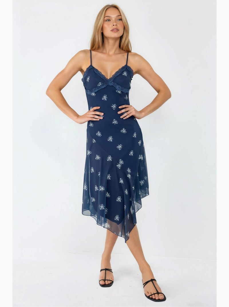 Vestido maxi justo estampado com decote em v e detalhe em renda hiccup Azul-marinho - Kiabi