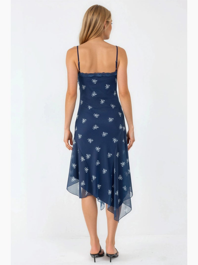 Vestido maxi justo estampado com decote em v e detalhe em renda hiccup Azul-marinho - Kiabi