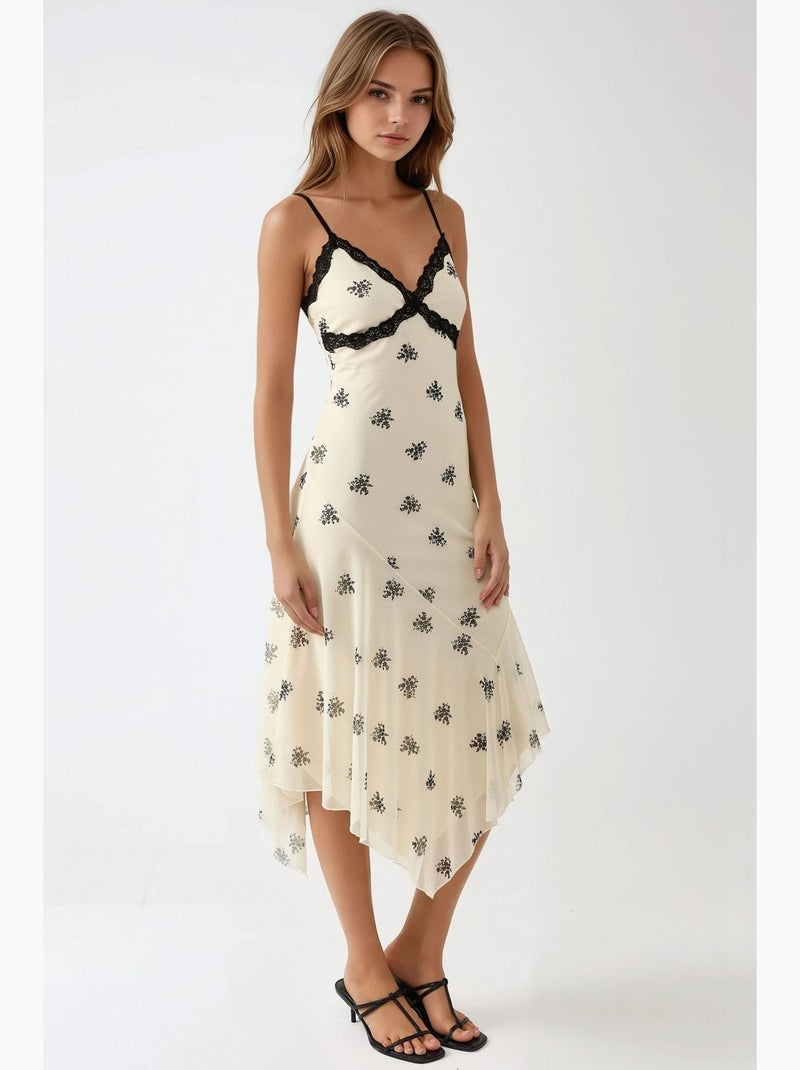 Vestido maxi justo estampado com decote em v e detalhe em renda hiccup Branco - Kiabi