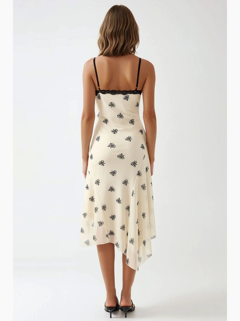 Vestido maxi justo estampado com decote em v e detalhe em renda hiccup Branco - Kiabi
