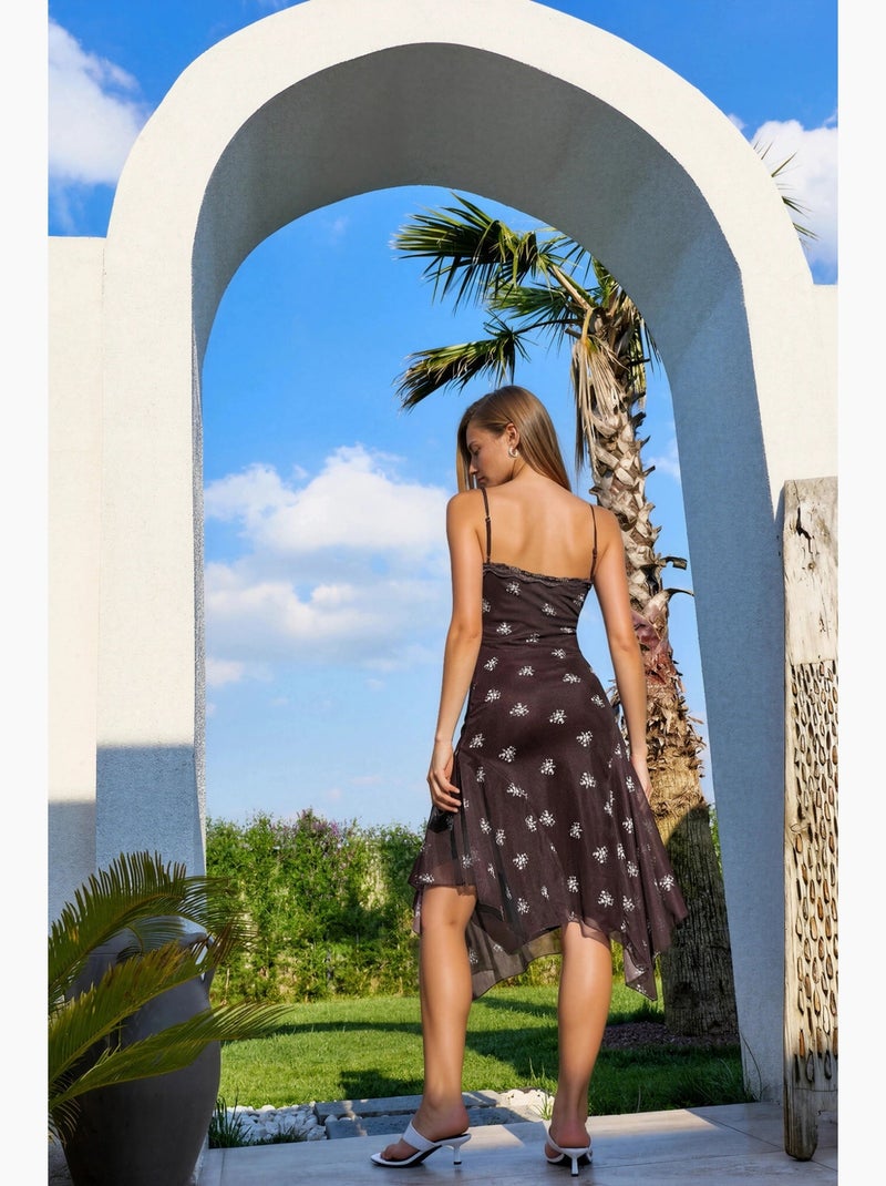 Vestido maxi justo estampado com decote em v e detalhe em renda hiccup Castanho-escuro - Kiabi