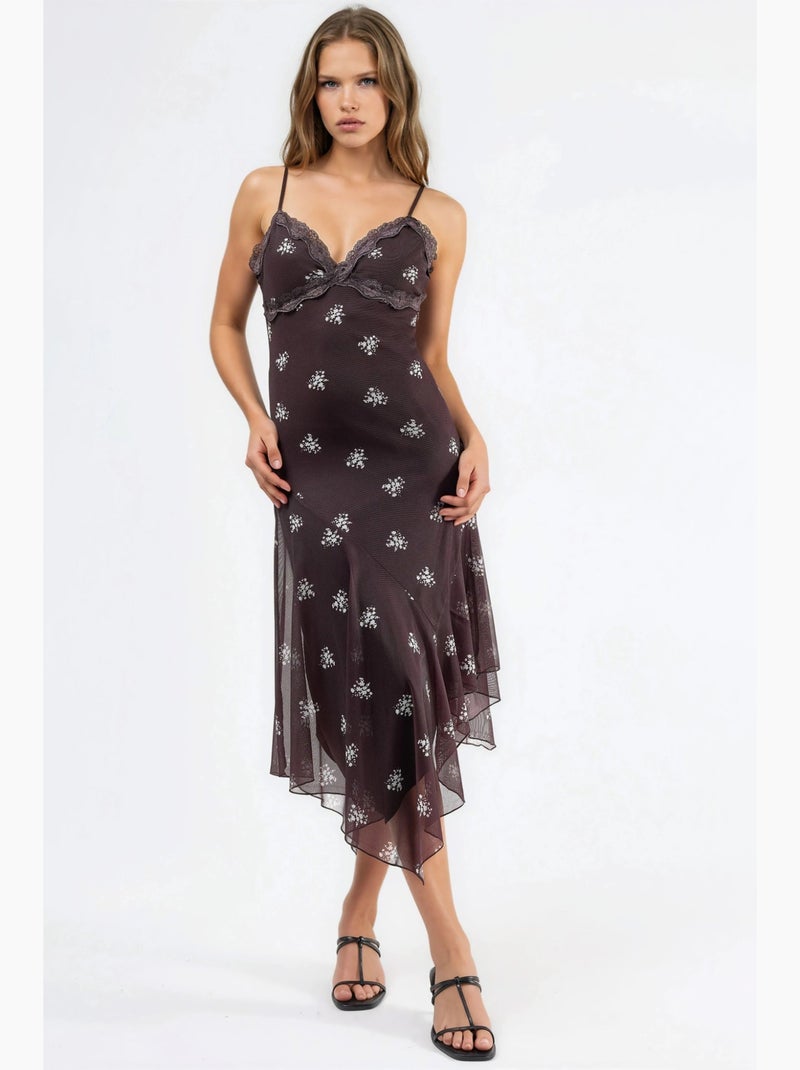 Vestido maxi justo estampado com decote em v e detalhe em renda hiccup Castanho-escuro - Kiabi