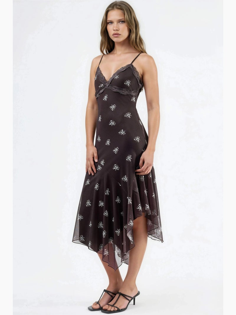 Vestido maxi justo estampado com decote em v e detalhe em renda hiccup Castanho-escuro - Kiabi