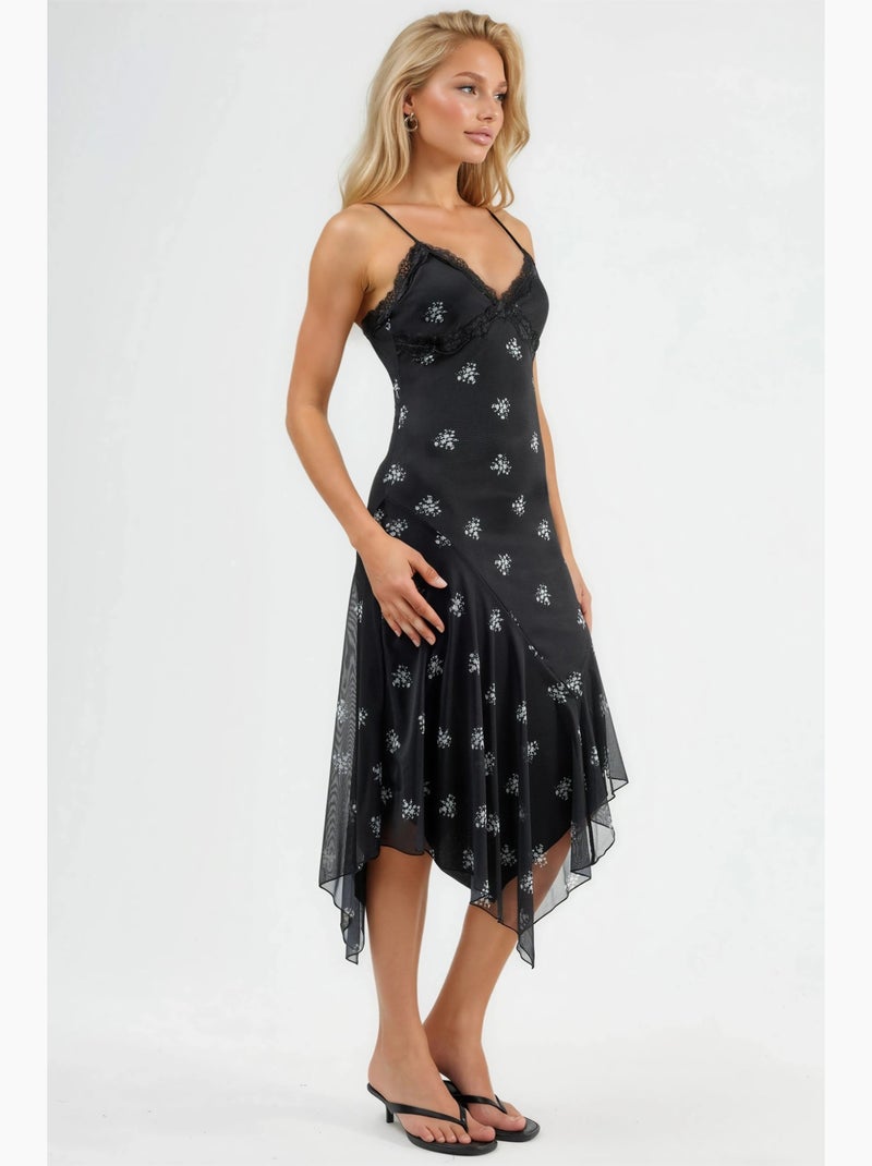 Vestido maxi justo estampado com decote em v e detalhe em renda hiccup Preto - Kiabi