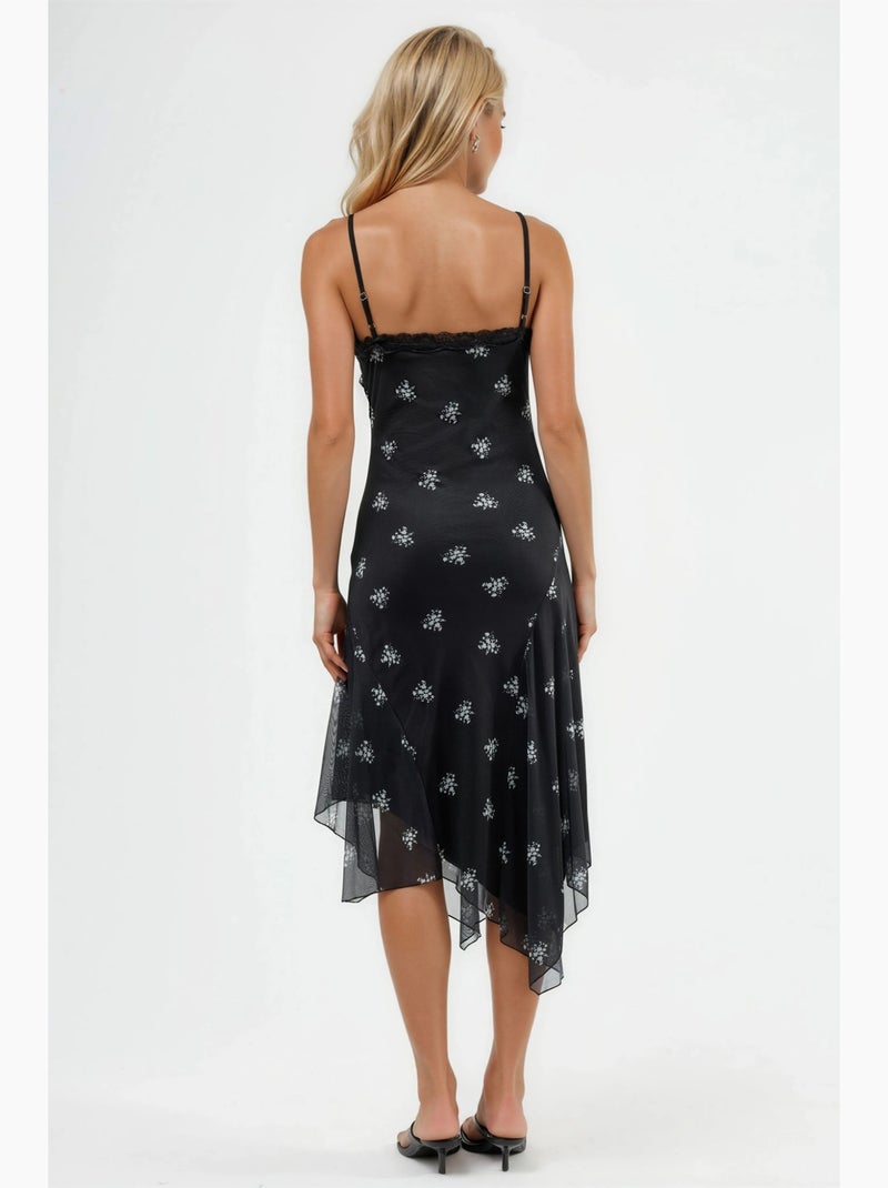 Vestido maxi justo estampado com decote em v e detalhe em renda hiccup Preto - Kiabi