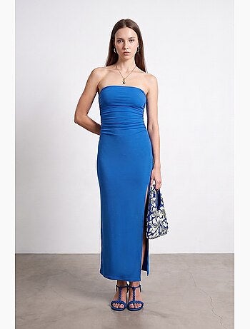 Vestido maxi justo sem alças com racha dilvin