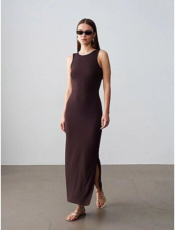 Vestido maxi justo sem mangas canelado dilvin