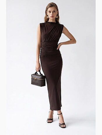 Vestido maxi justo sem mangas com decote drapeado mixray
