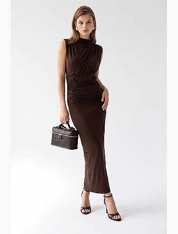 Vestido maxi justo sem mangas com decote drapeado mixray