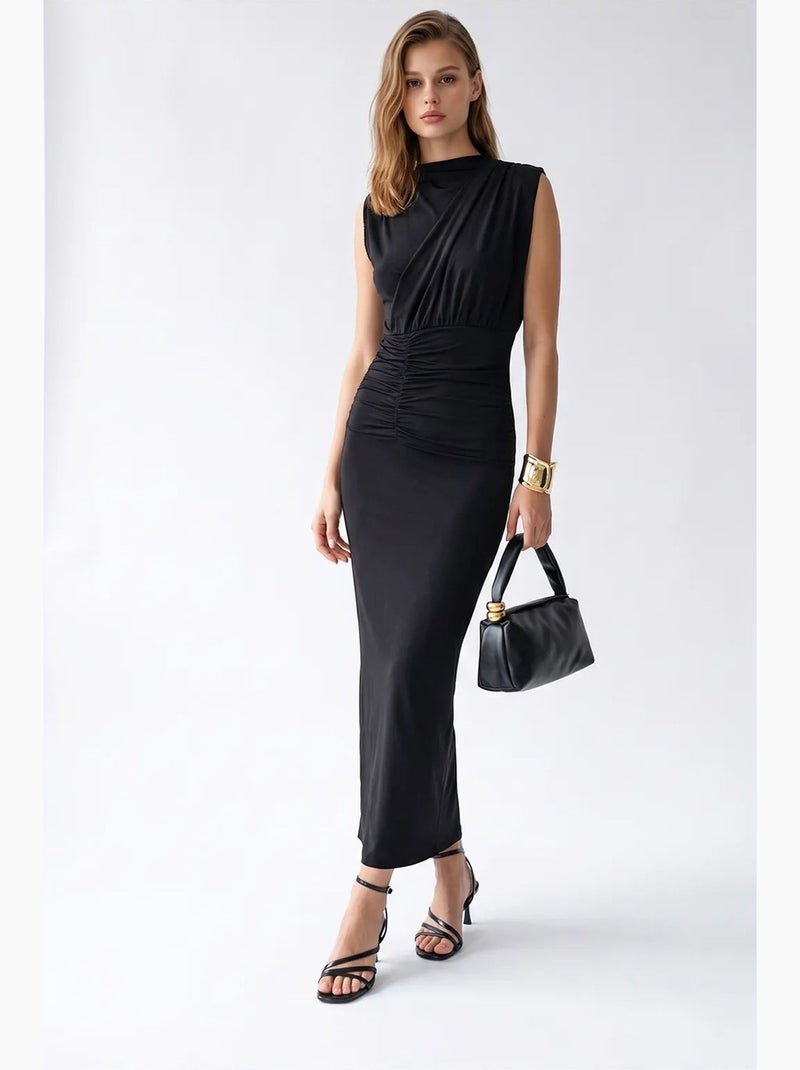 Vestido maxi justo sem mangas com decote drapeado mixray Preto - Kiabi