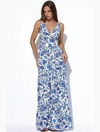 Vestido maxi plissado em cetim floral busem
