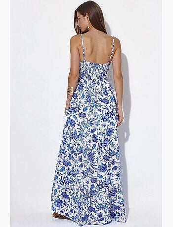 Vestido maxi plissado em cetim floral busem