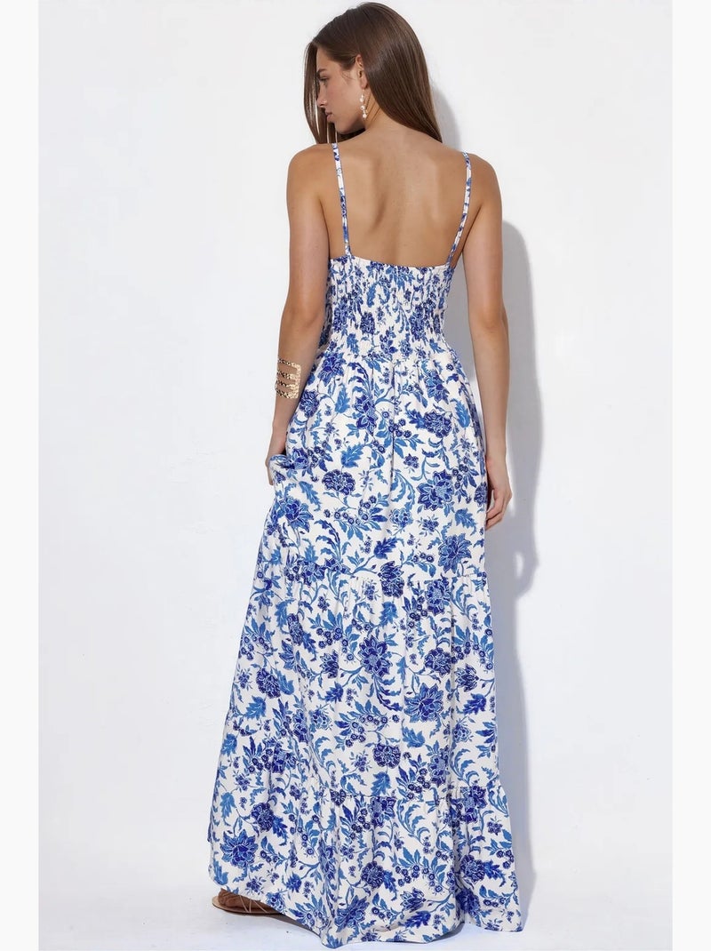 Vestido maxi plissado em cetim floral busem Branco Azul - Kiabi