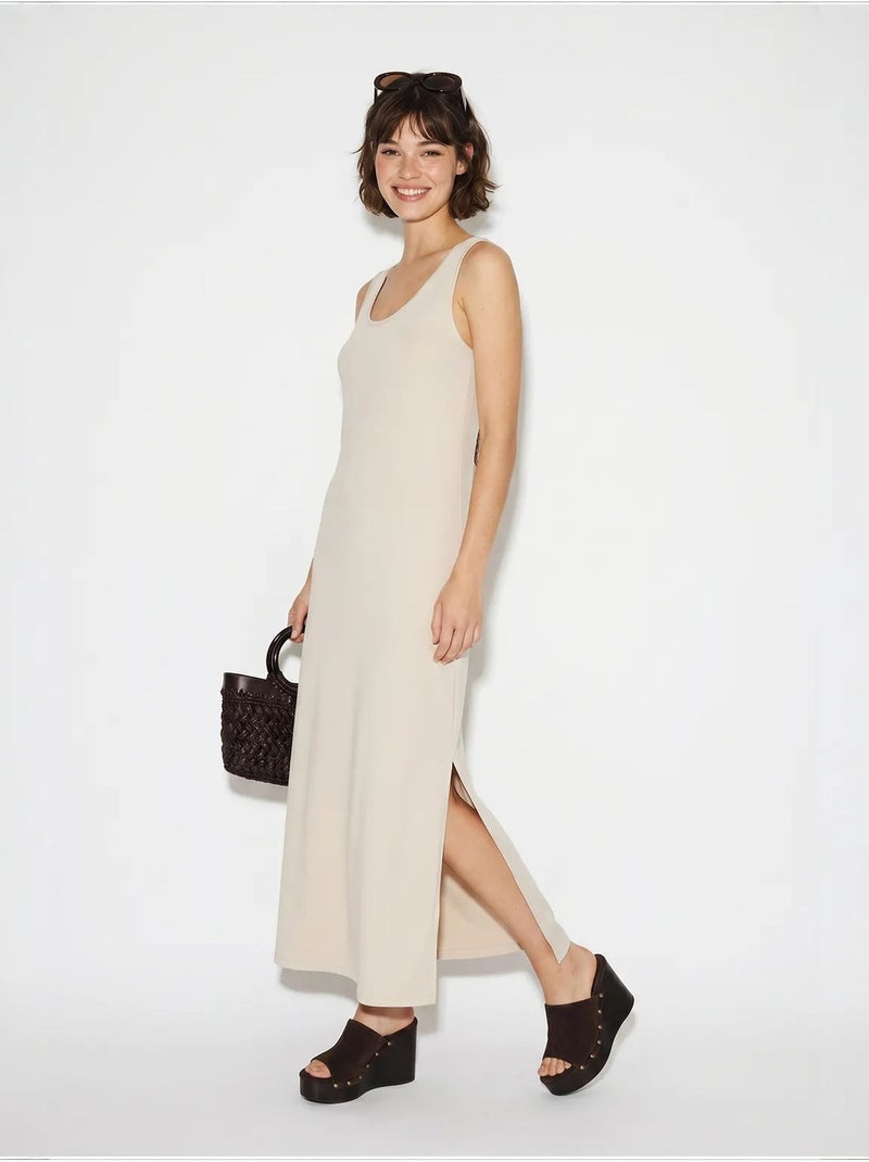 Vestido maxi reto sem mangas com fenda lucci Areia - Kiabi
