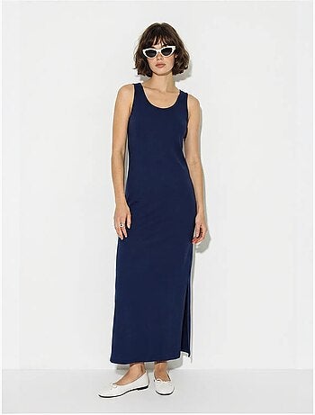 Vestido maxi reto sem mangas com fenda lucci