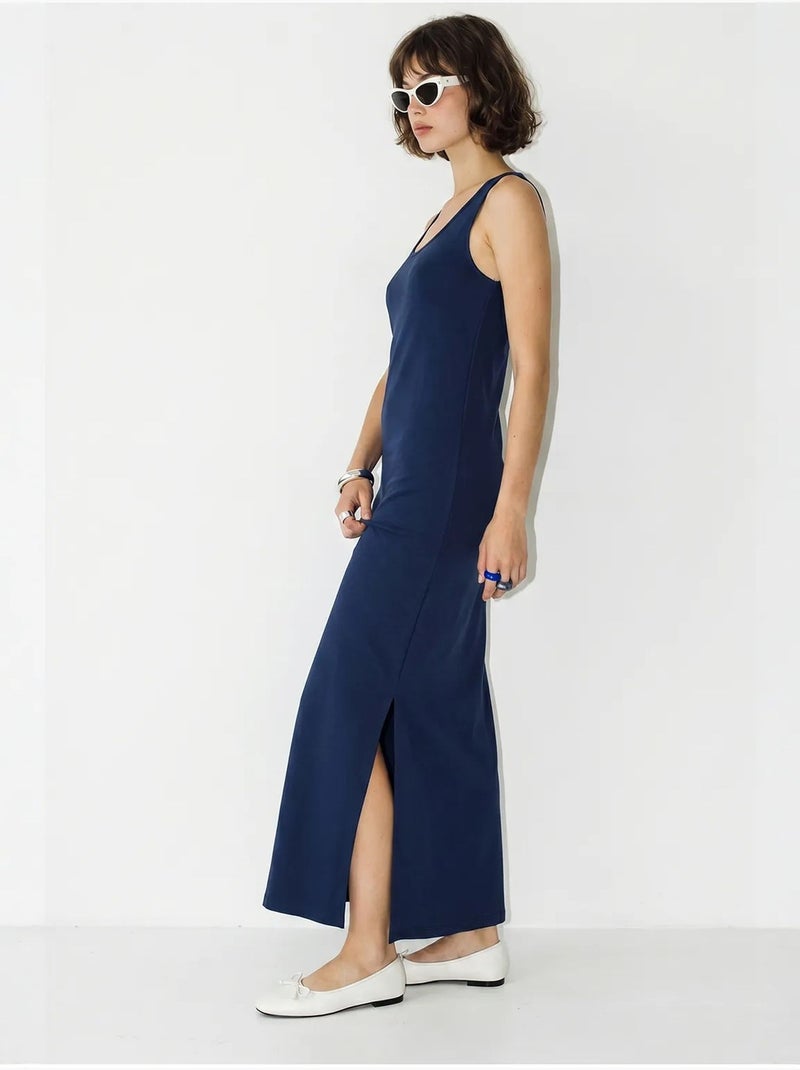 Vestido maxi reto sem mangas com fenda lucci Azul-marinho - Kiabi