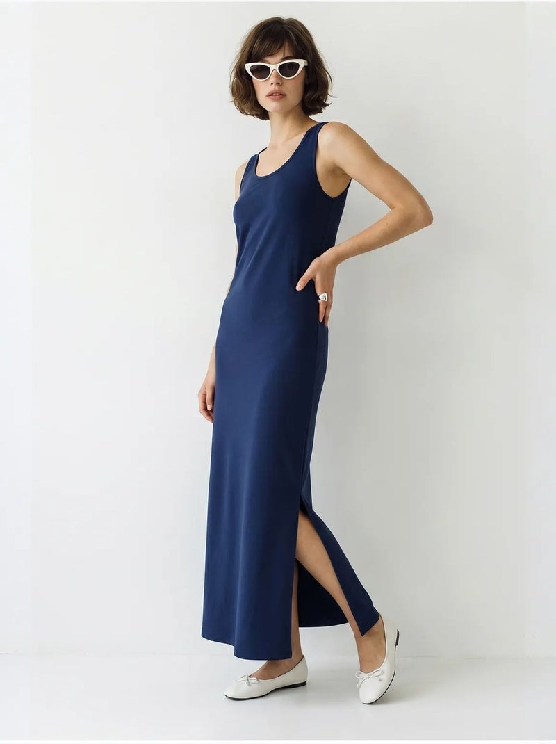 Vestido maxi reto sem mangas com fenda lucci Azul-marinho - Kiabi