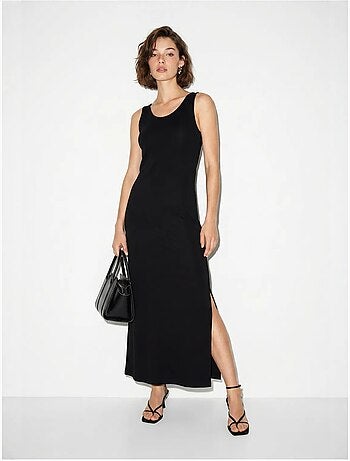 Vestido maxi reto sem mangas com fenda lucci