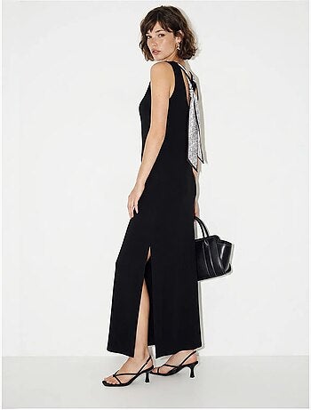 Vestido maxi reto sem mangas com fenda lucci
