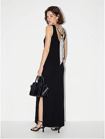 Vestido maxi reto sem mangas com fenda lucci