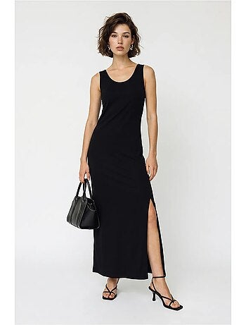 Vestido maxi reto sem mangas com fenda lucci