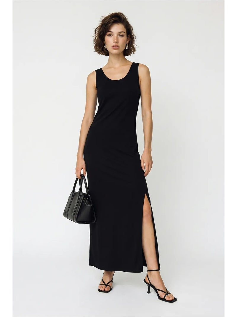 Vestido maxi reto sem mangas com fenda lucci Preto - Kiabi