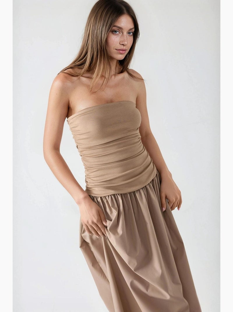 Vestido maxi sem alças com corte em a hiccup Bege-argila - Kiabi