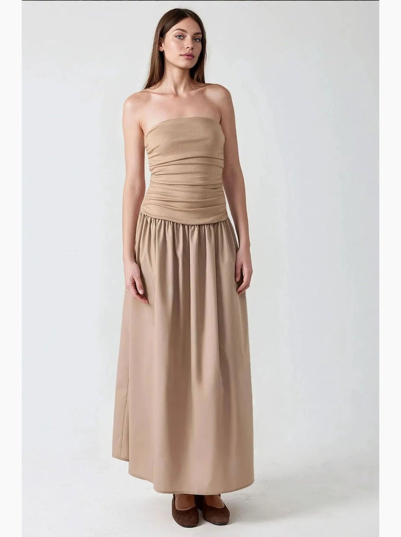 Vestido maxi sem alças com corte em a hiccup Bege-argila - Kiabi