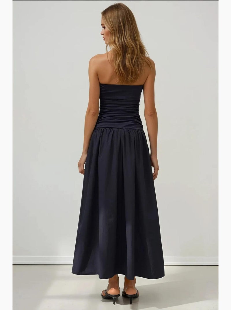 Vestido maxi sem alças com detalhe hiccup Azul-marinho - Kiabi
