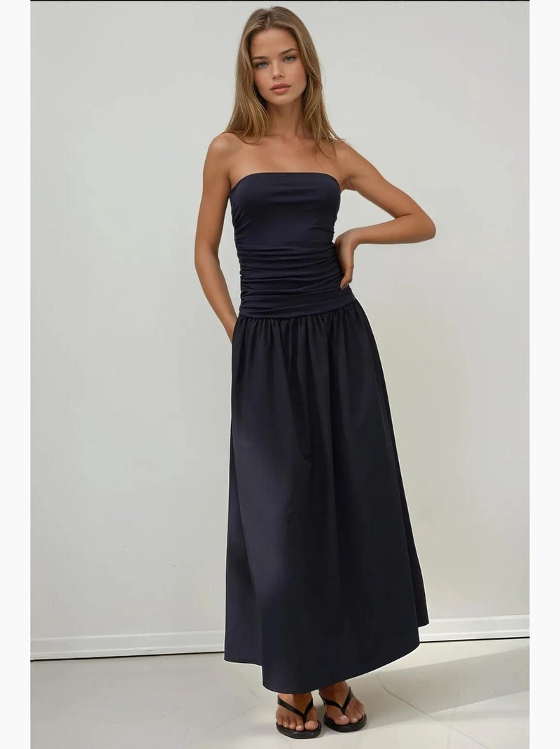 Vestido maxi sem alças com detalhe hiccup Azul-marinho - Kiabi
