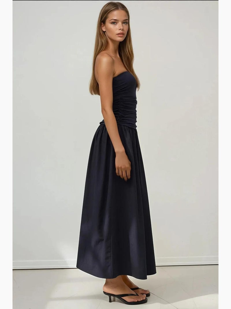 Vestido maxi sem alças com detalhe hiccup Azul-marinho - Kiabi